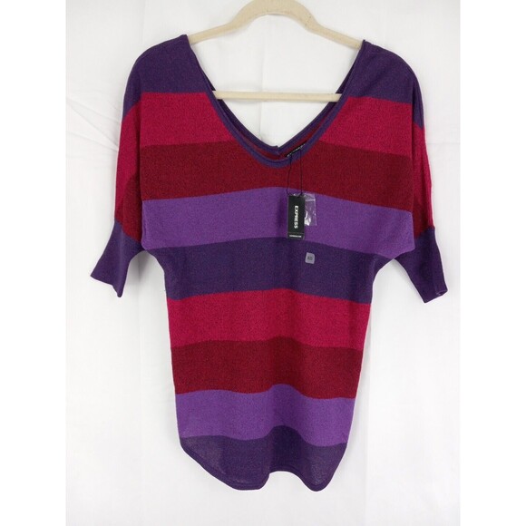 Express Women Striped Multicolor Mettalic Short Sleeve Vneck Sweater Size Xsmall - Picture 1 of 8